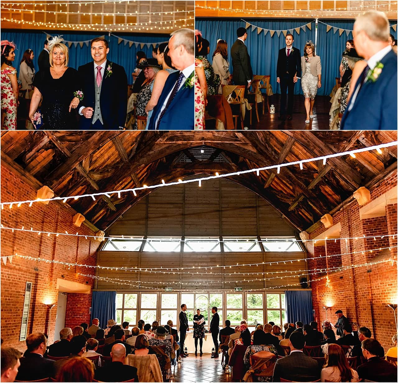 Entrance of two grooms at a same sex wedding at Avoncroft Museum in Bromsgrove. Both grooms walk down the aisle with their mothers.
