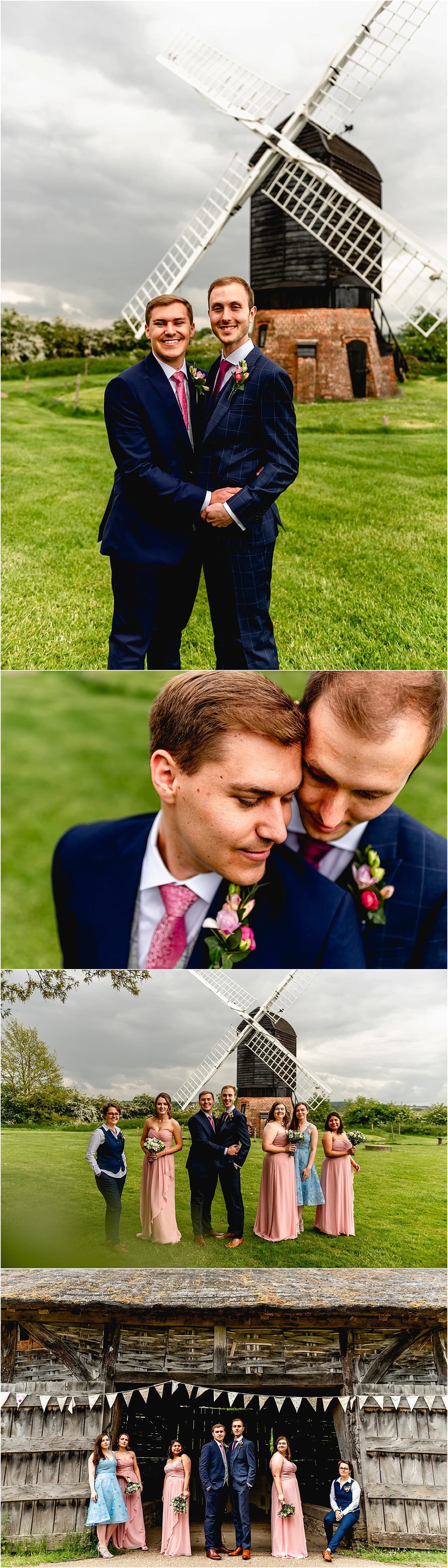Portrait photos of two grooms underneath a windmill at Avoncroft Museum of Buildings.