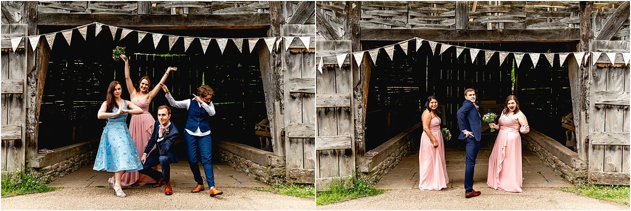 Bridal party photos. Bridesmaids having fun with the grooms.