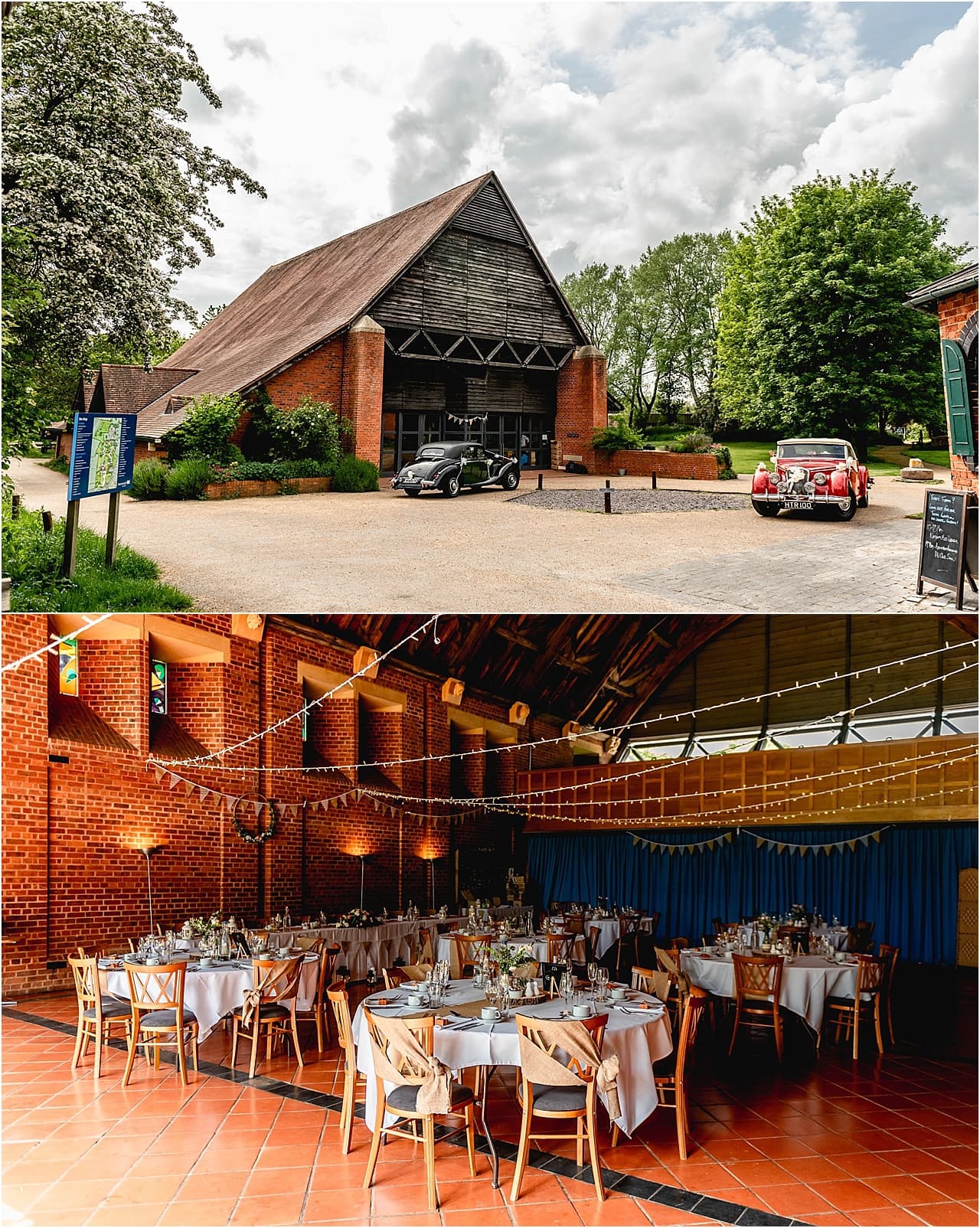 Exterior and interior of Avoncrioft Museum set up for a gay wedding.