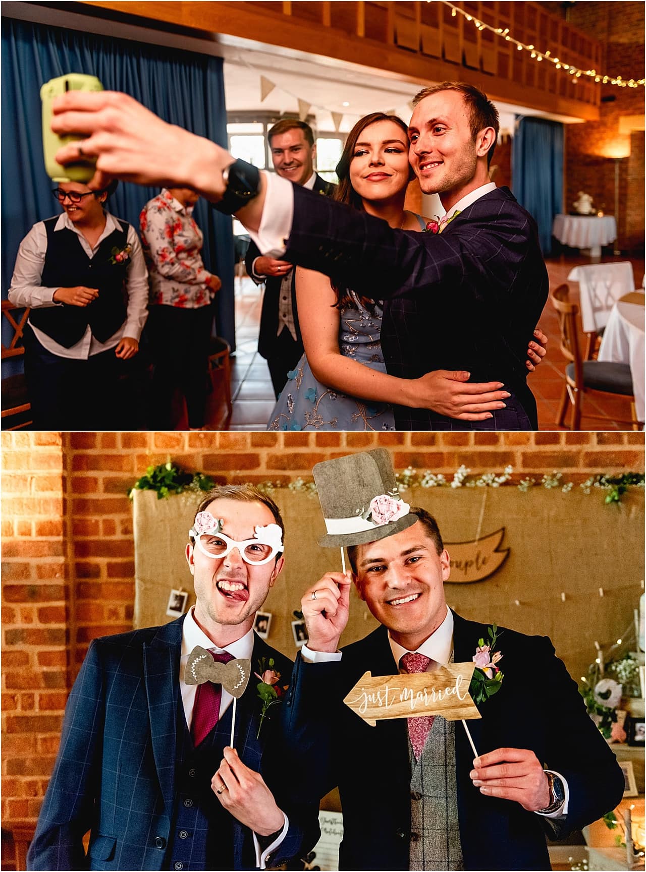 Candid photos of guests having fu at a wedding at Avoncroft Museum.
