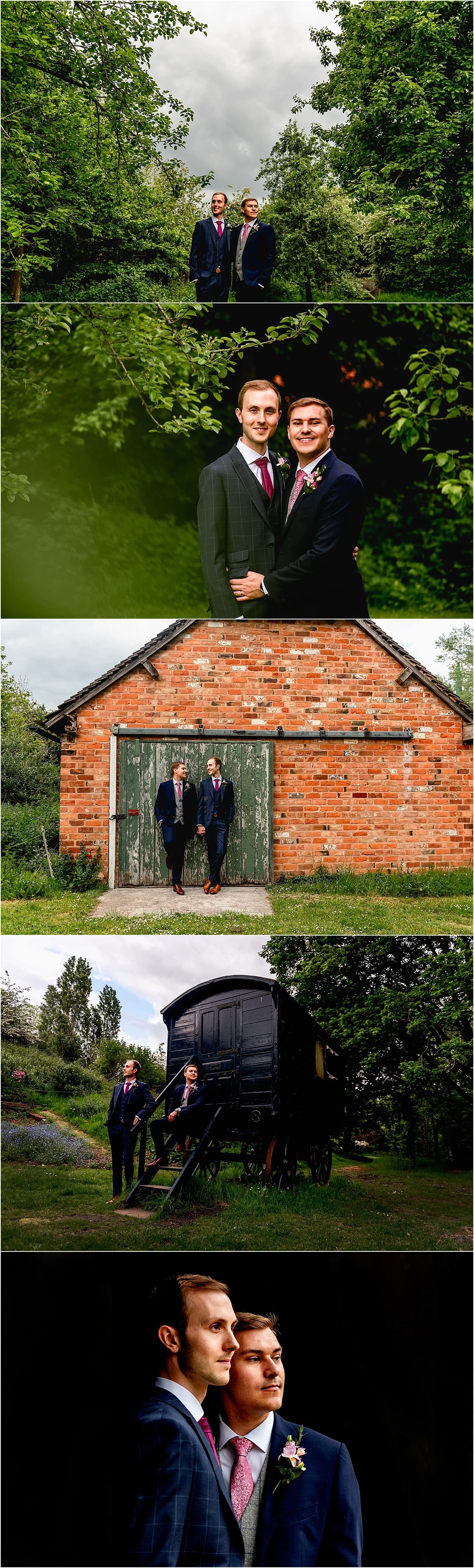 Portrait photos of two grooms who have just got married. Photos against old buildings and gypsy caravans