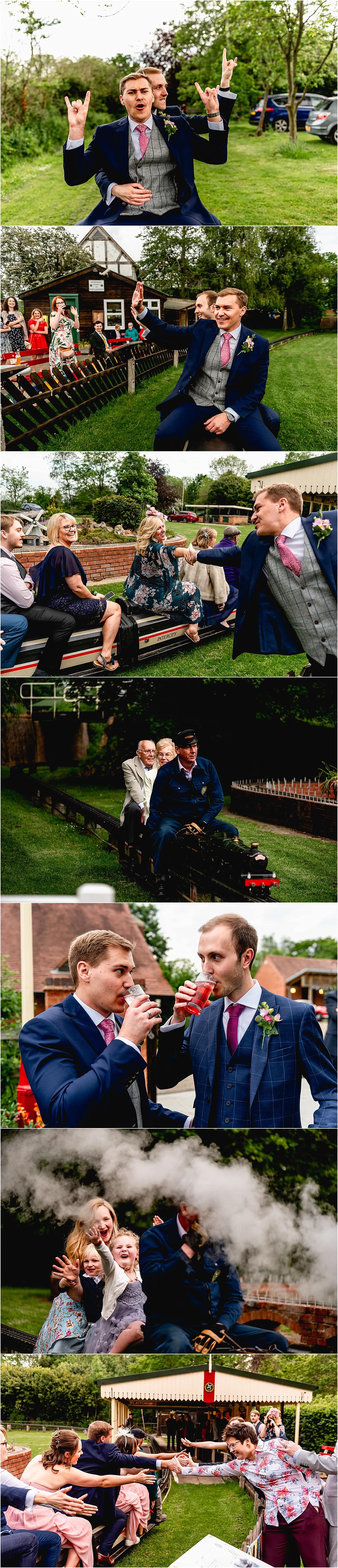 Wedding guests on a min steam train on a railway at Avoncroft Museum.