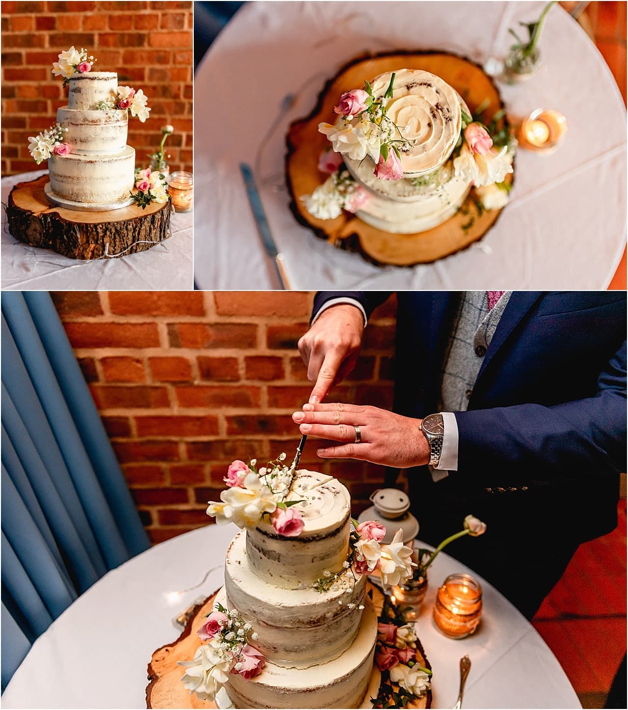 Naked cake with flowers being cut by two grooms.
