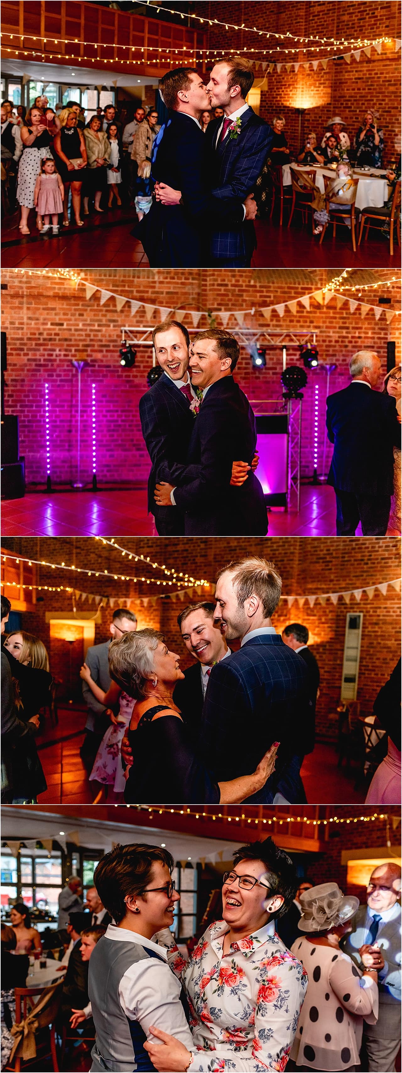 Two grooms do their first dance under the spotlights.