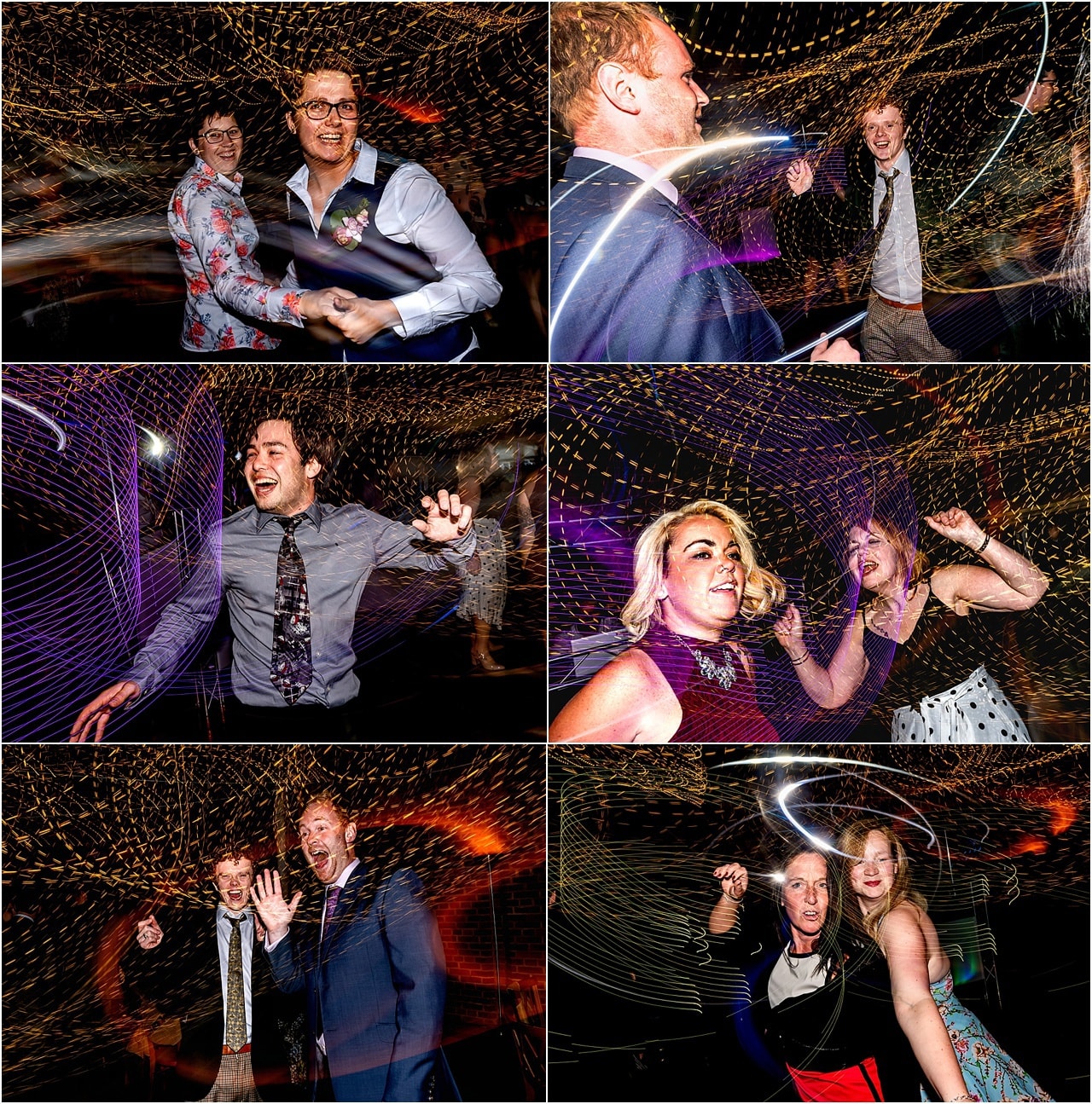 Guests dance on the dancefloor at a wedding with light trails.