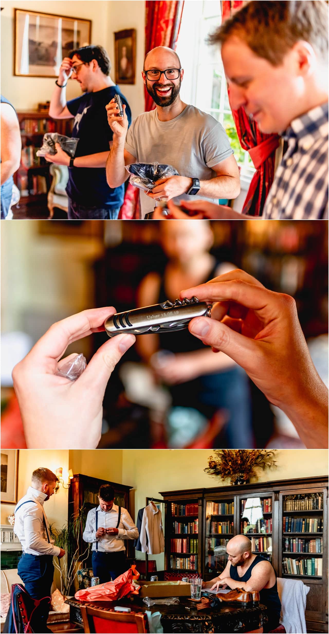 Groom preparation before a wedding with ushers being given gift of penknife.