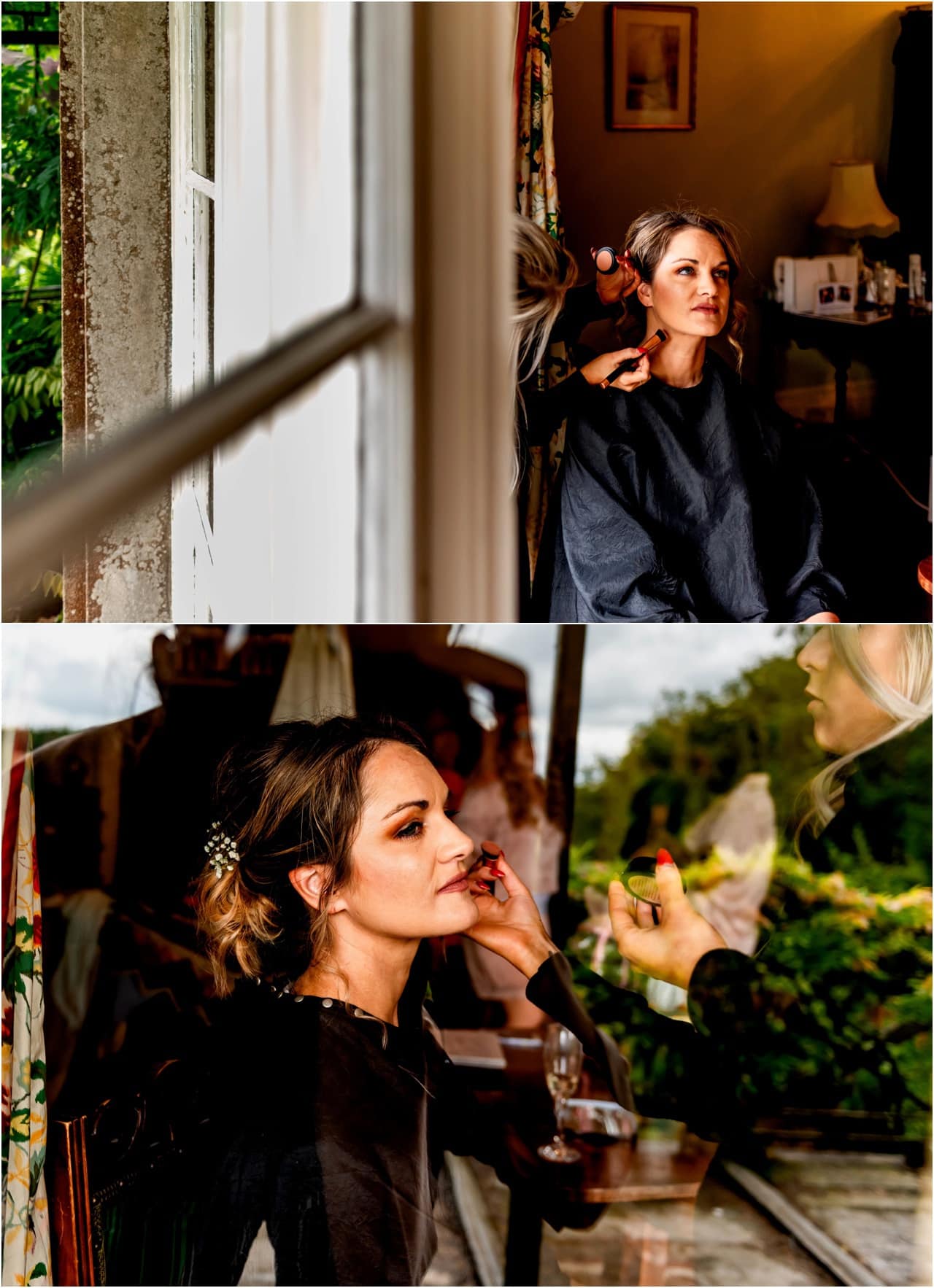 Bride has her make up done before an outdoor wedding in Devon