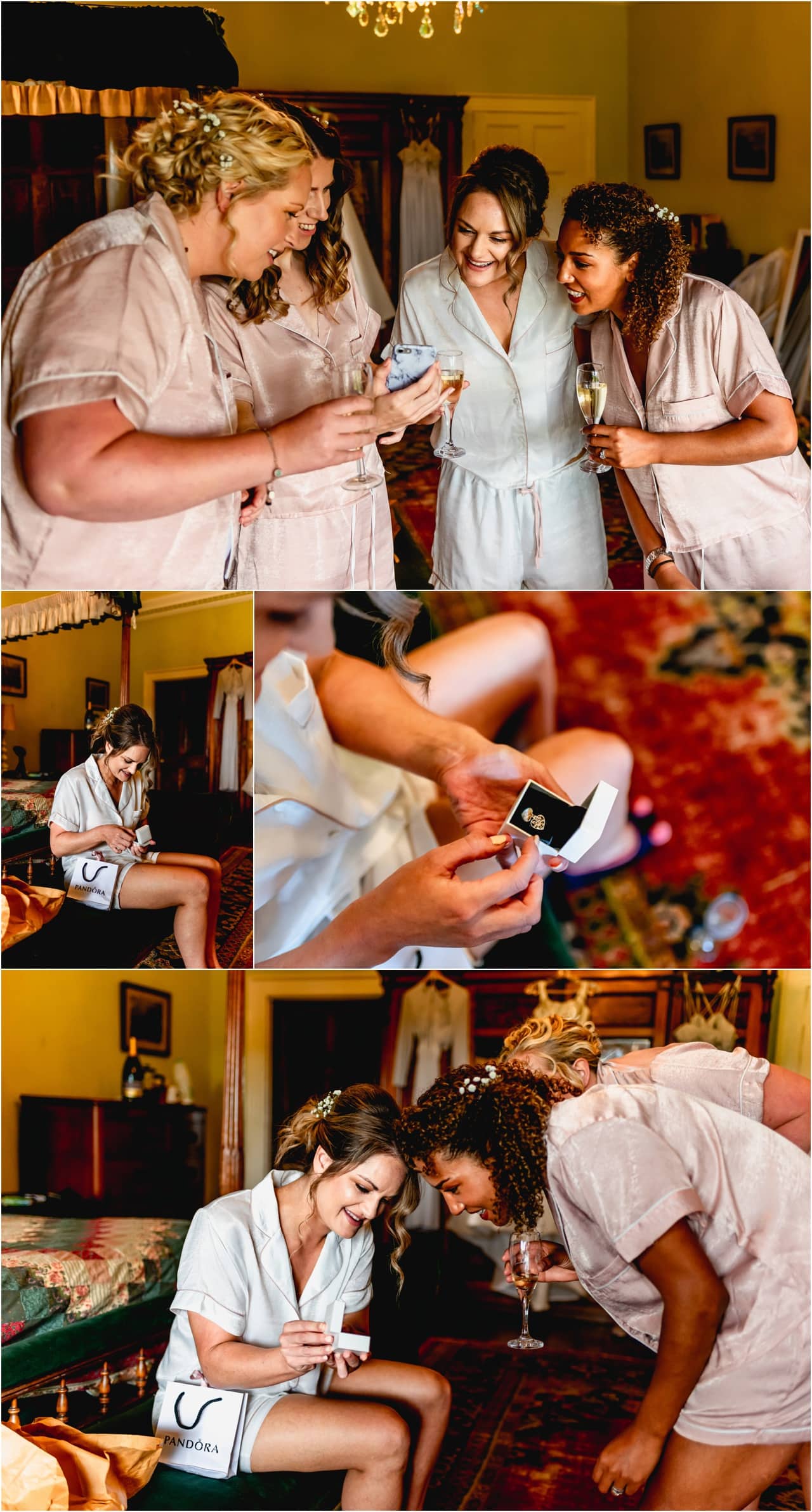 Bride gives bridesmaids gifts before her wedding 