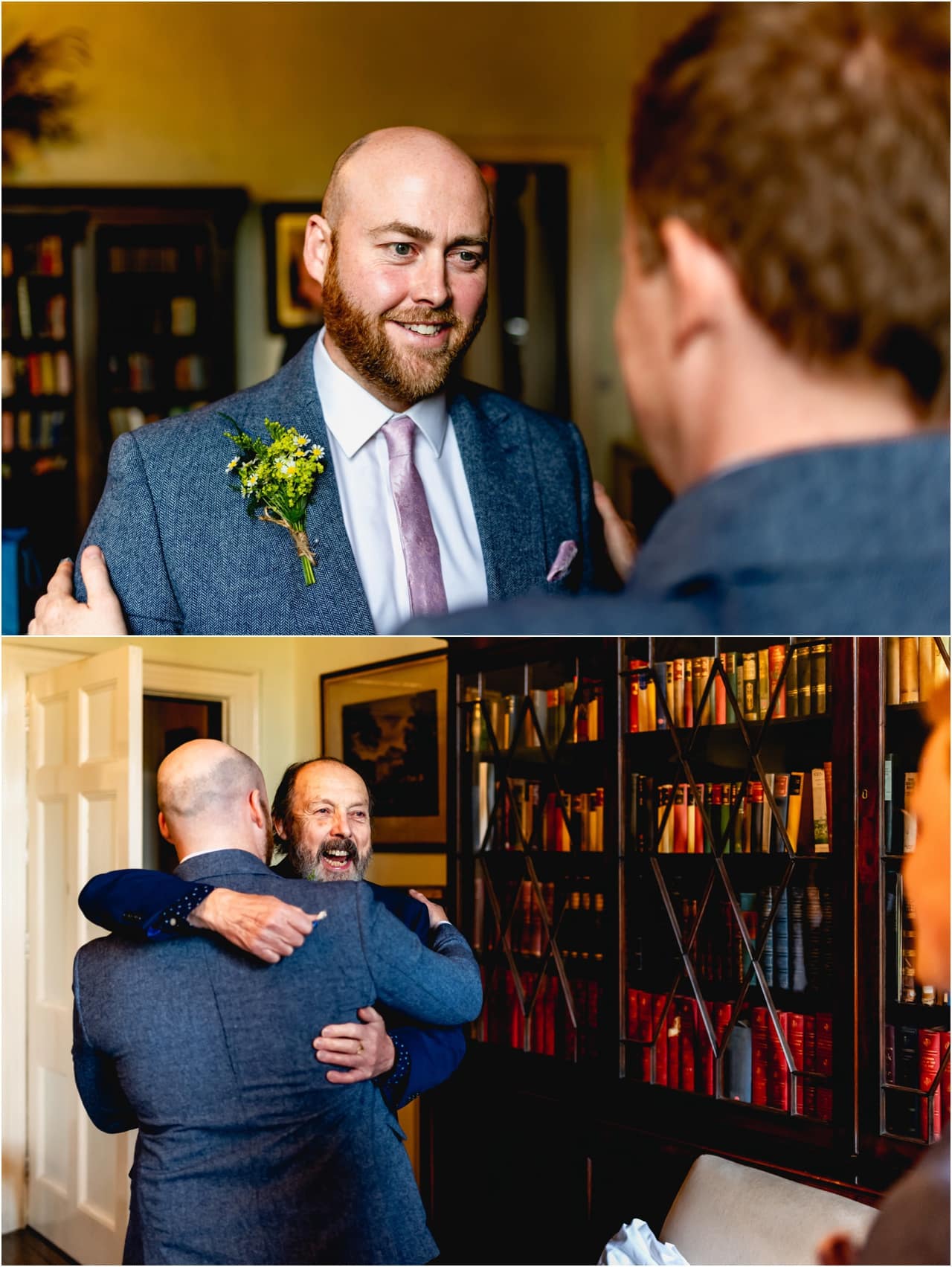 Groom with brother and father before his wedding getting a hug from Dad.