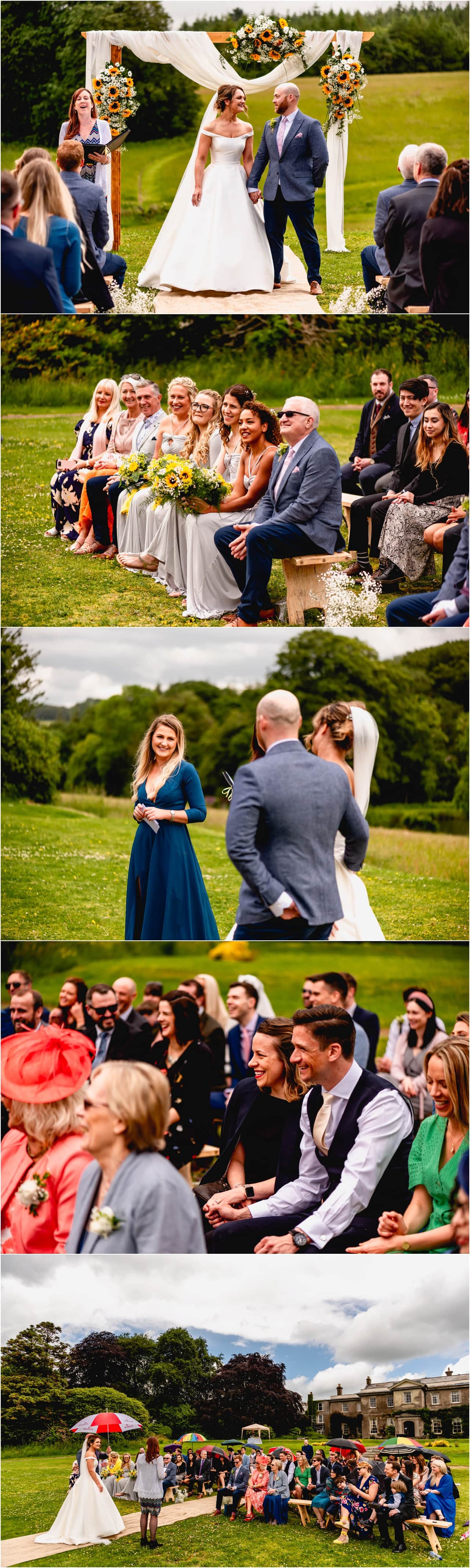 Outdoor Wedding ceremony at Buckland House in Devon in the rain.