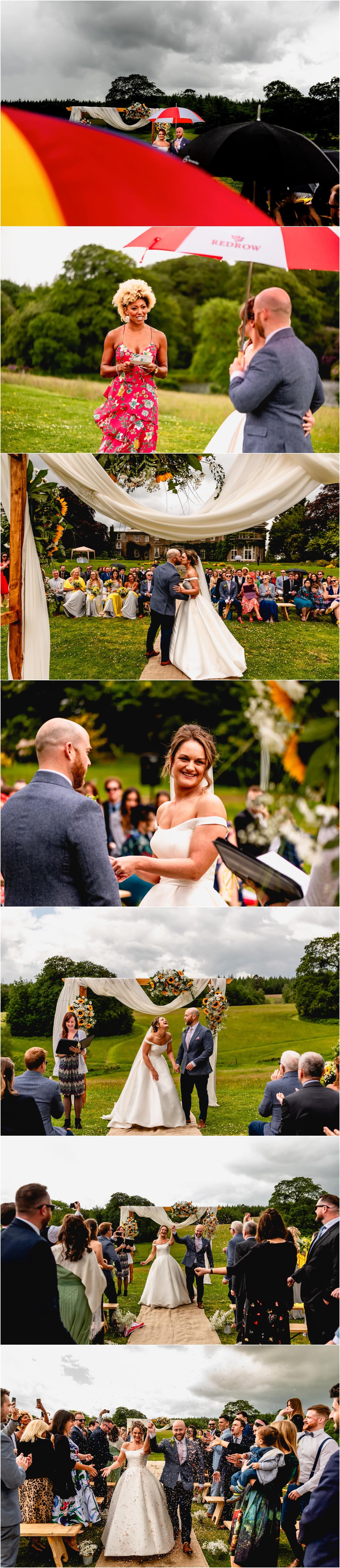 Wedding ceremony outside with umbrellas. Humanist celebration.