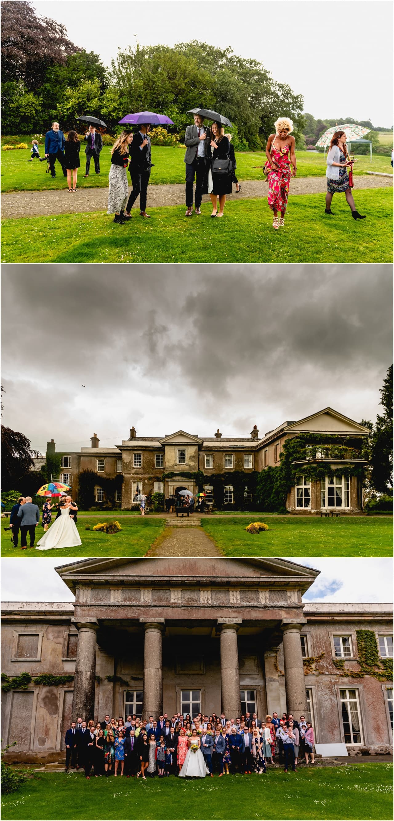 Guests at a wedding run to shelter from the rain
