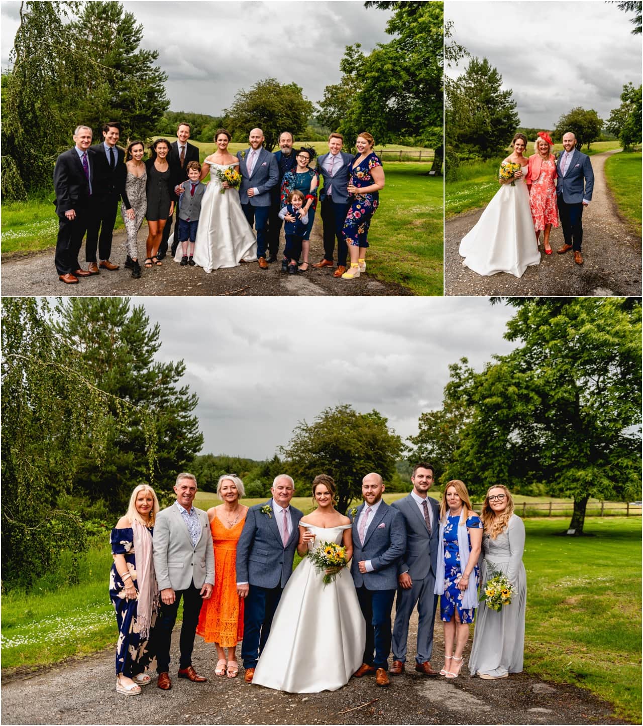 Formal group photos at a wedding on the driveway of Buckland House in Devon with beautiful green fields behind.