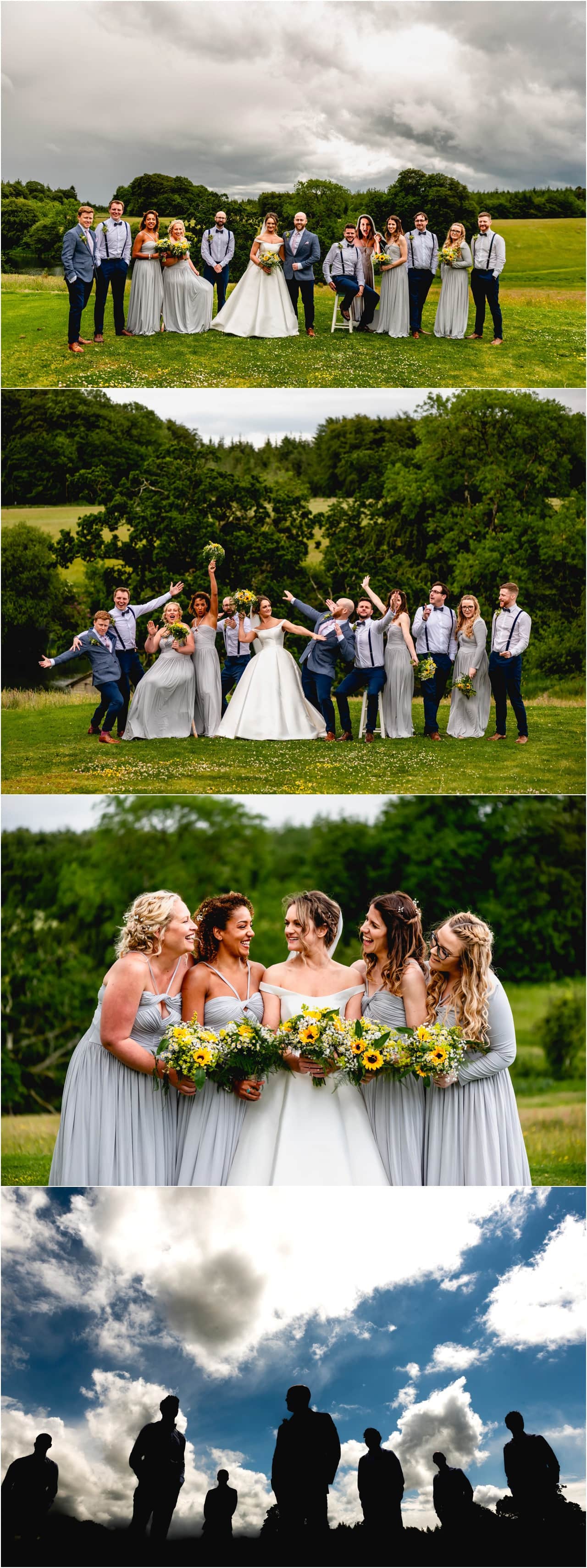 Bridal party at a summer wedding in Devon, bridesmaids carry yellow flowers.