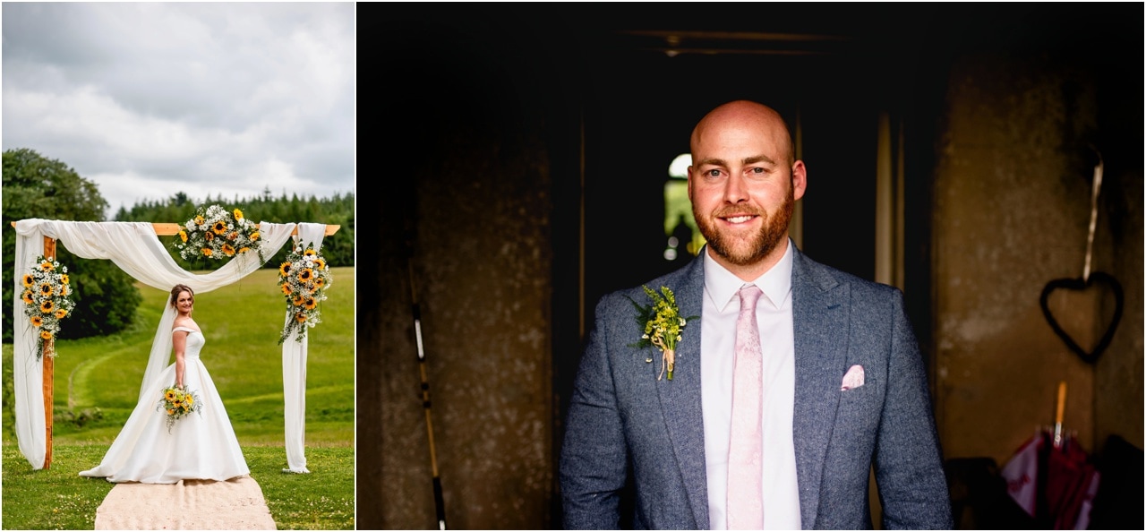 Bride stands under wedding arch, groom stand in doorway of Buckland House.