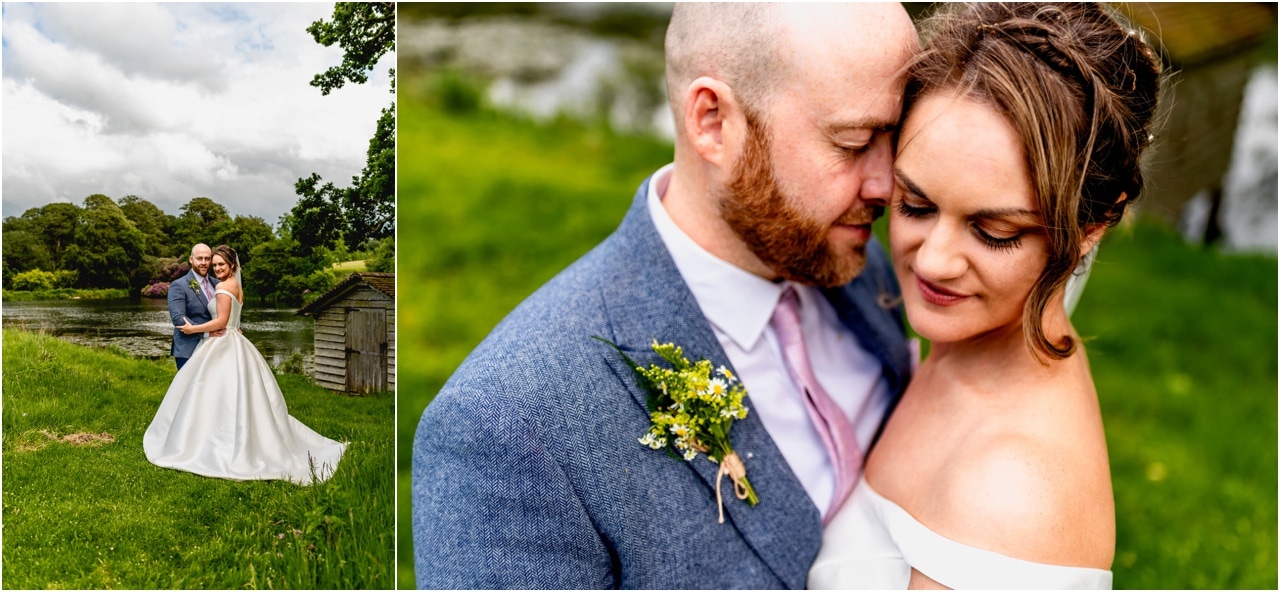 Portrait photos of bride and groom at a summer wedding.