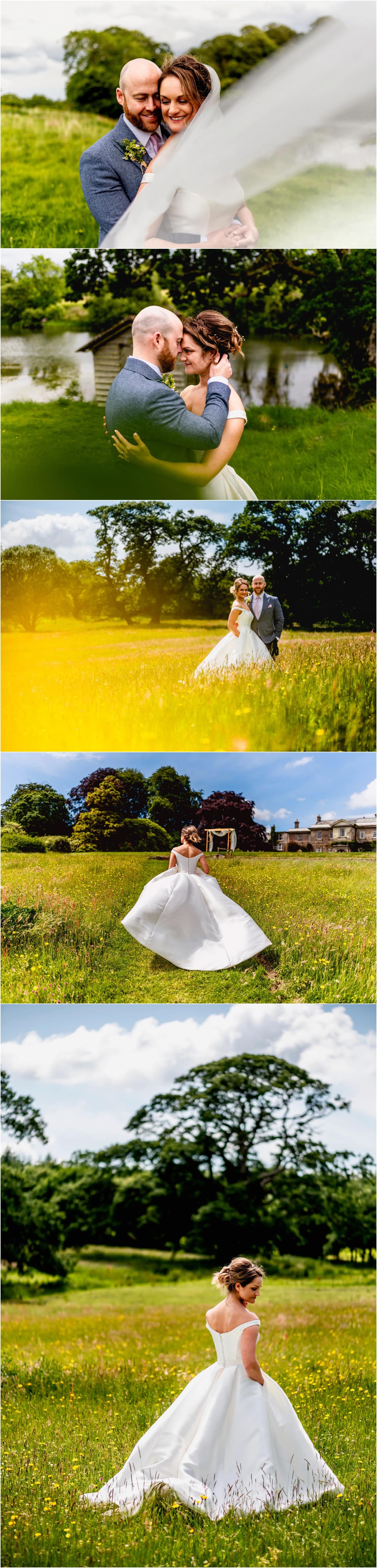 Tim and Emily's portrait photos in yellow fields at a summer wedding at Buckland House in Devon.
