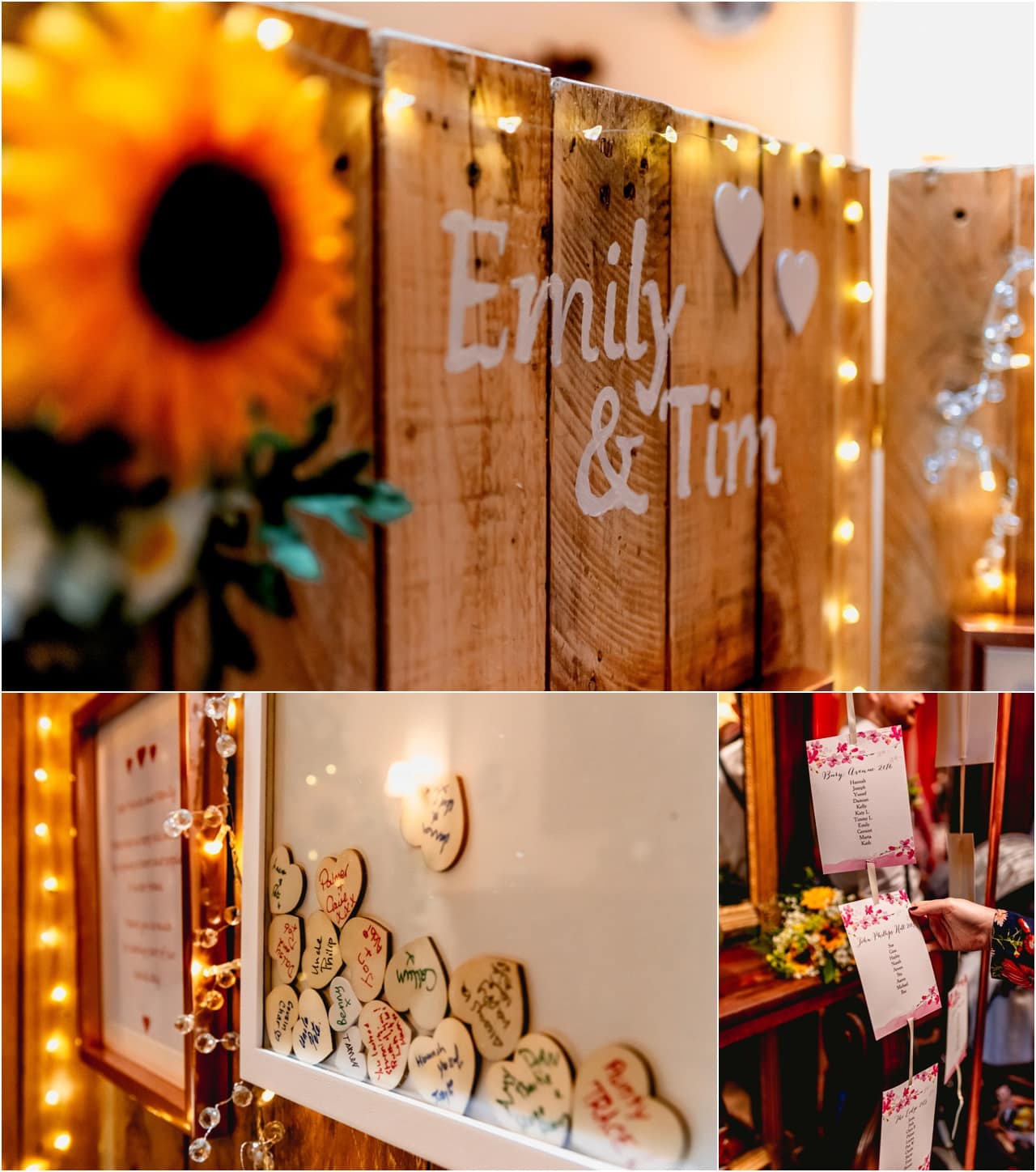 Rustic table decorations and heart comment box at a wedding in Devon with sunflower theme.