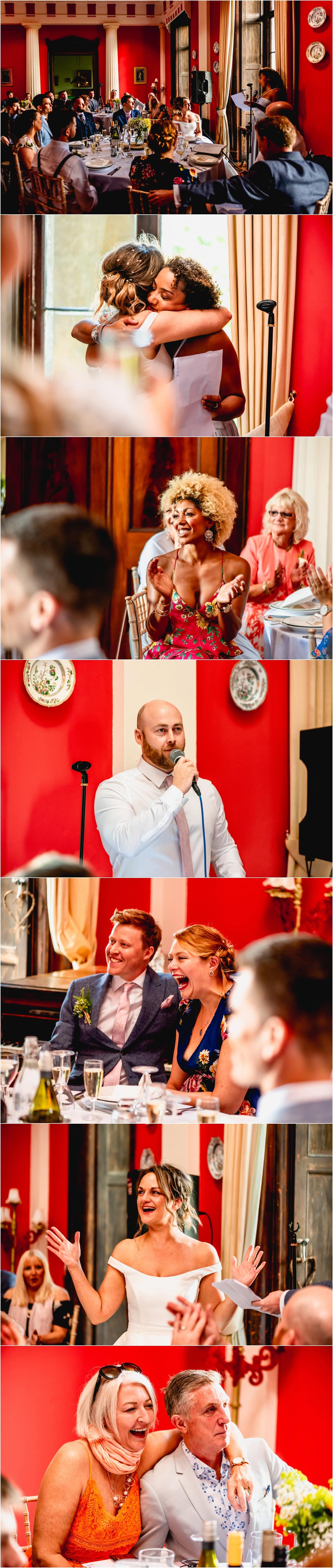 Wedding speeches in the red room of Buckland House in Devon.