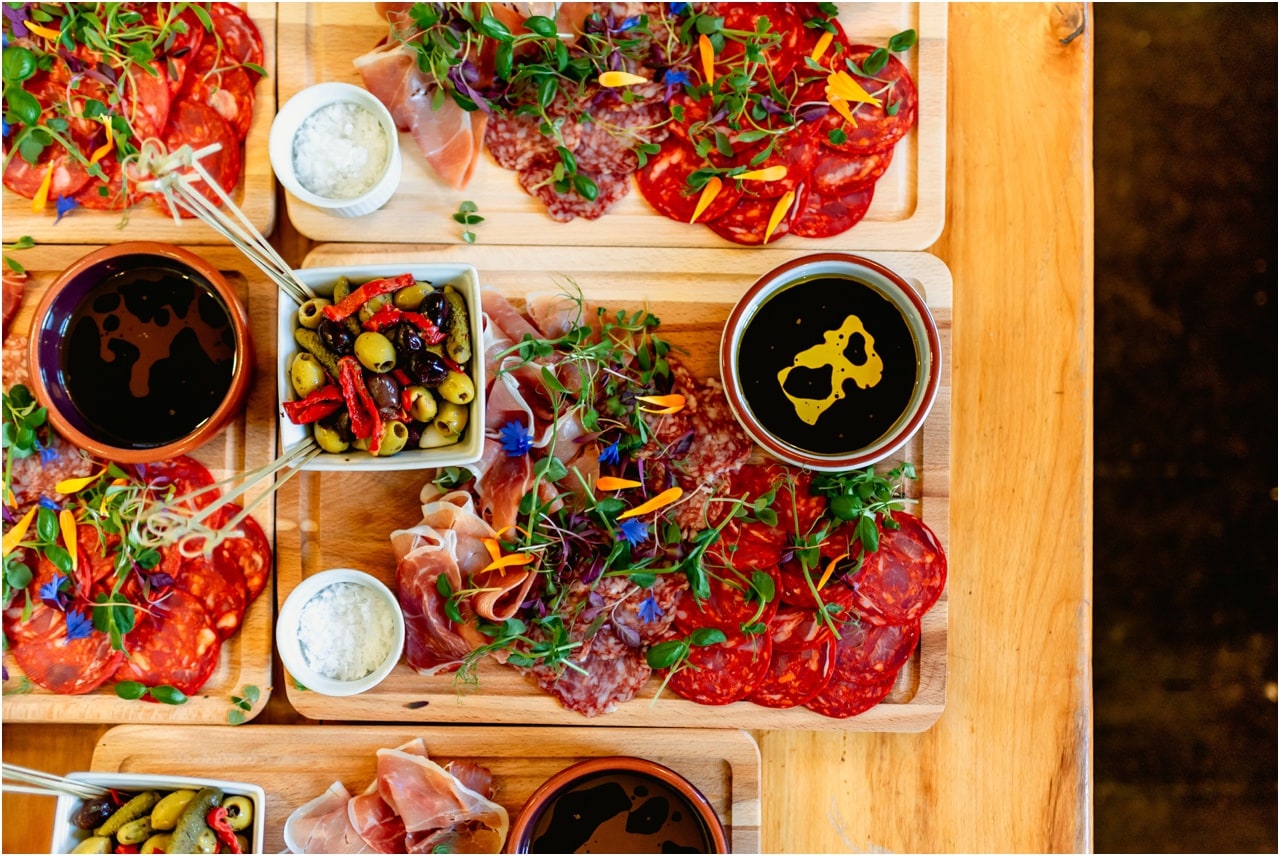Tray of antipasti at a wedding breakfast.