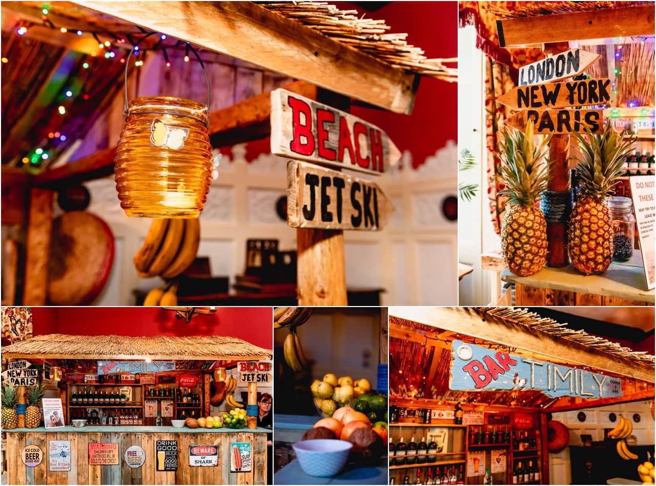 Wedding tiki bar made by brides Dad for her wedding at Buckland House.
