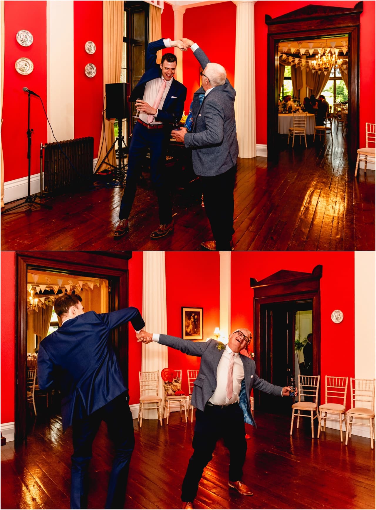 Father of the bride dances with a guest at a wedding at Buckland House.
