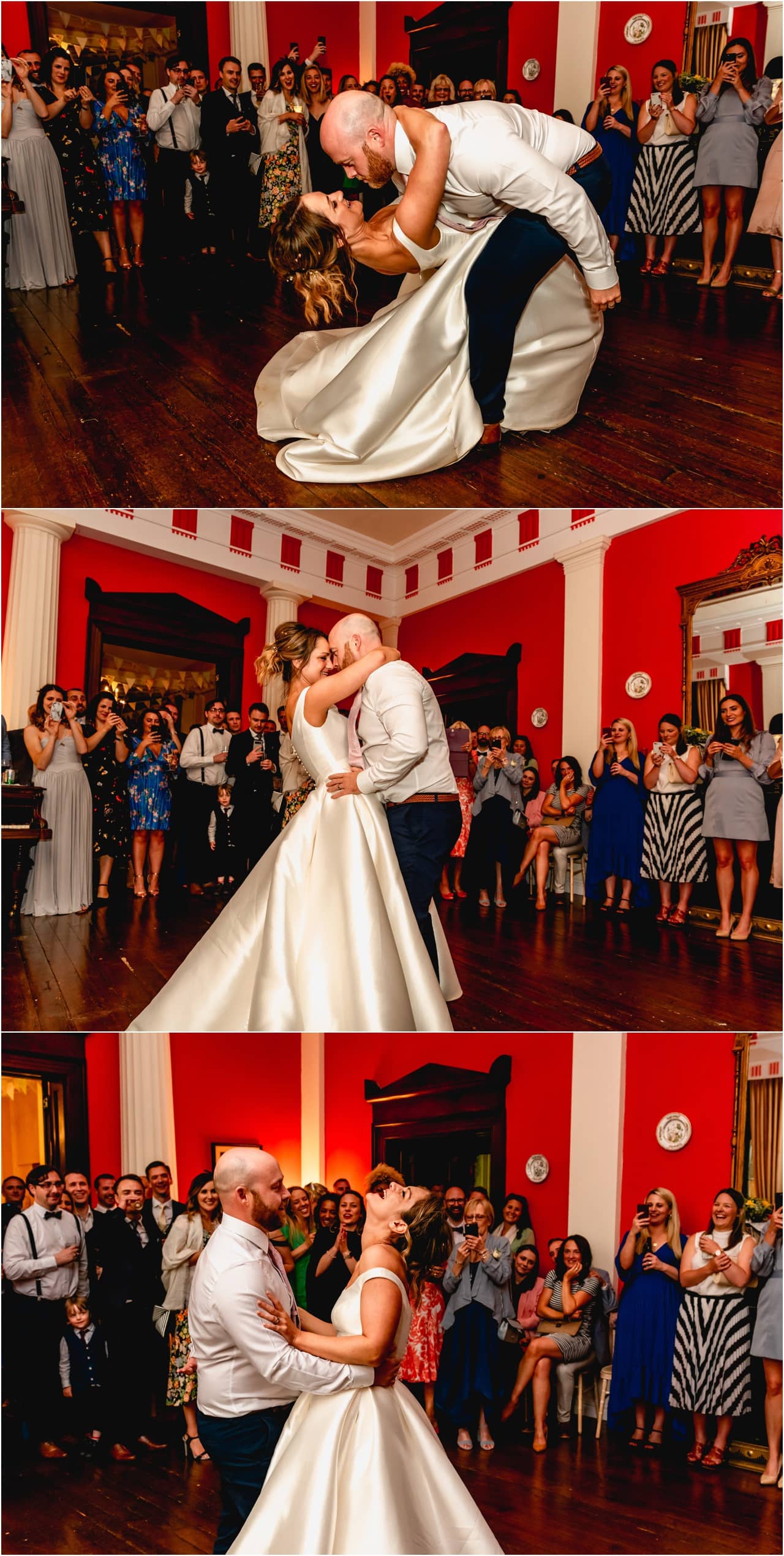 Bride and groom have a first dance at a wedding at Buckland House in the Red Room. Groom dips bride to the floor.
