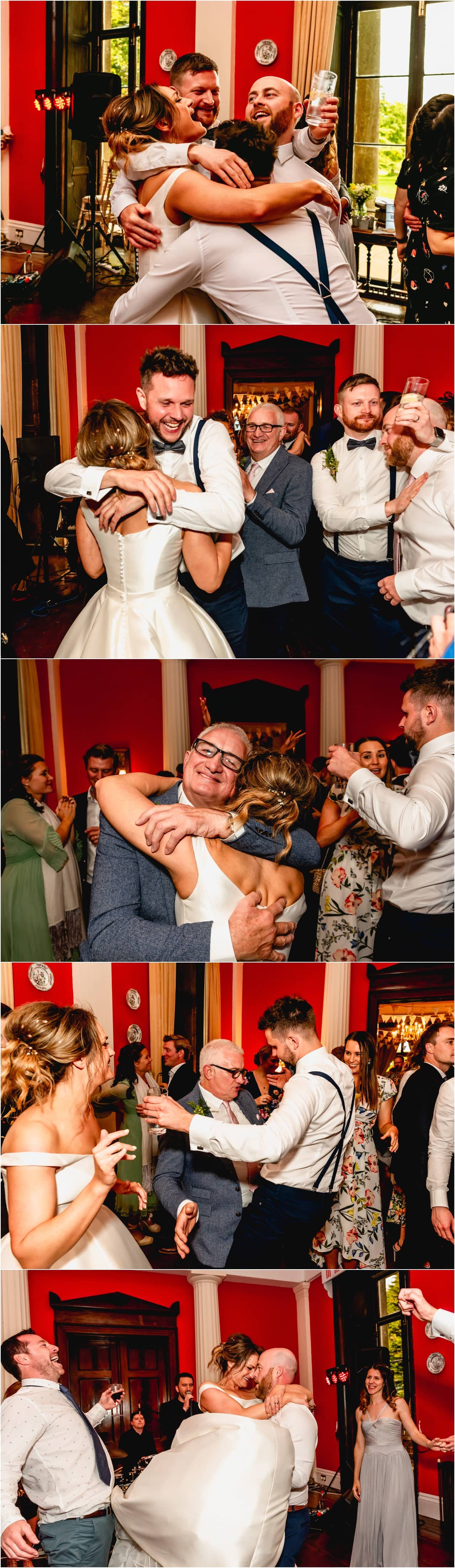 Bride and groom have a first dance at a wedding at Buckland House in the Red Room. Groom dips bride to the floor.