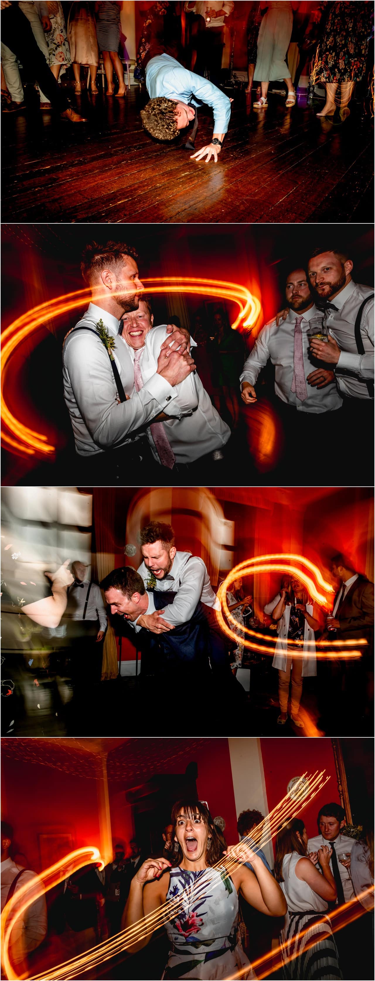 Party photos at wedding with guests drinking and having fun.