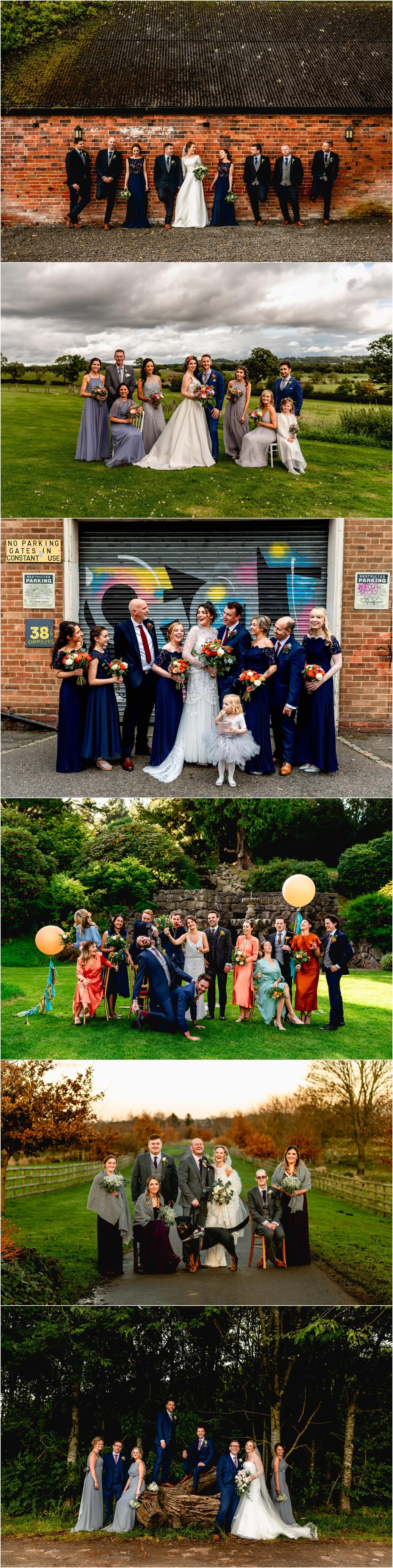 Bridesmaids and ushers have fun in group photo with bride and groom by fountain at Walcot Hall