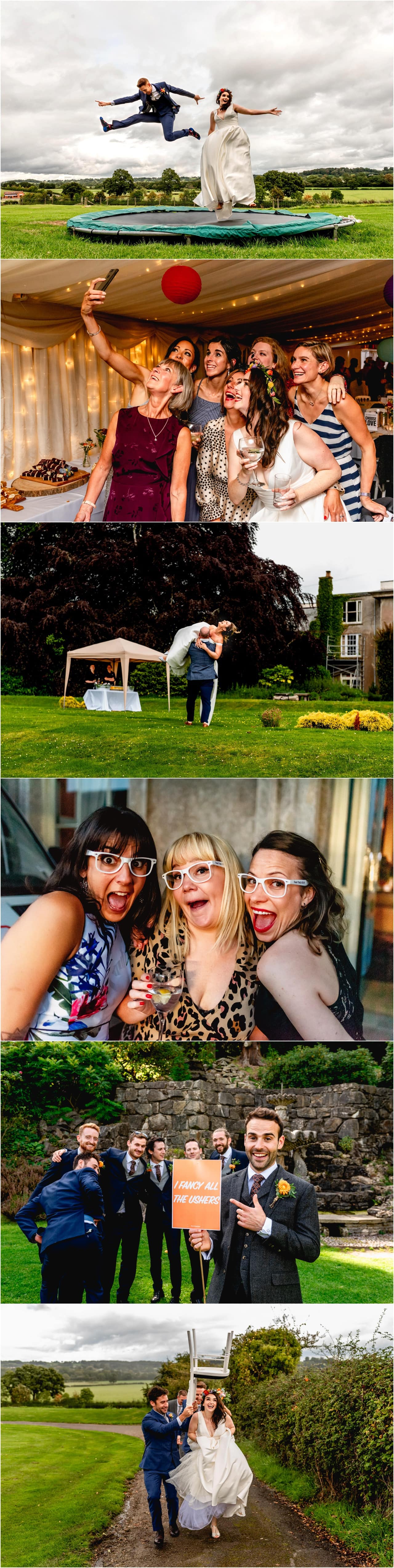 Bride and groom jump on trampoline at Bordesley Park Wedding Venue