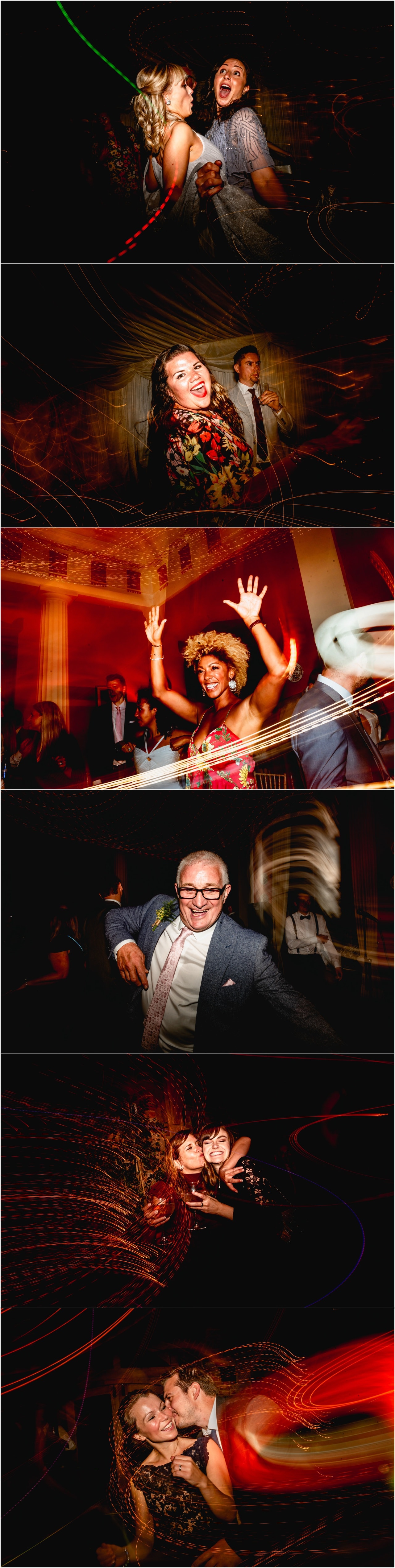 Party photos at a wedding reception with Dr Zoe throwing her hands in the air