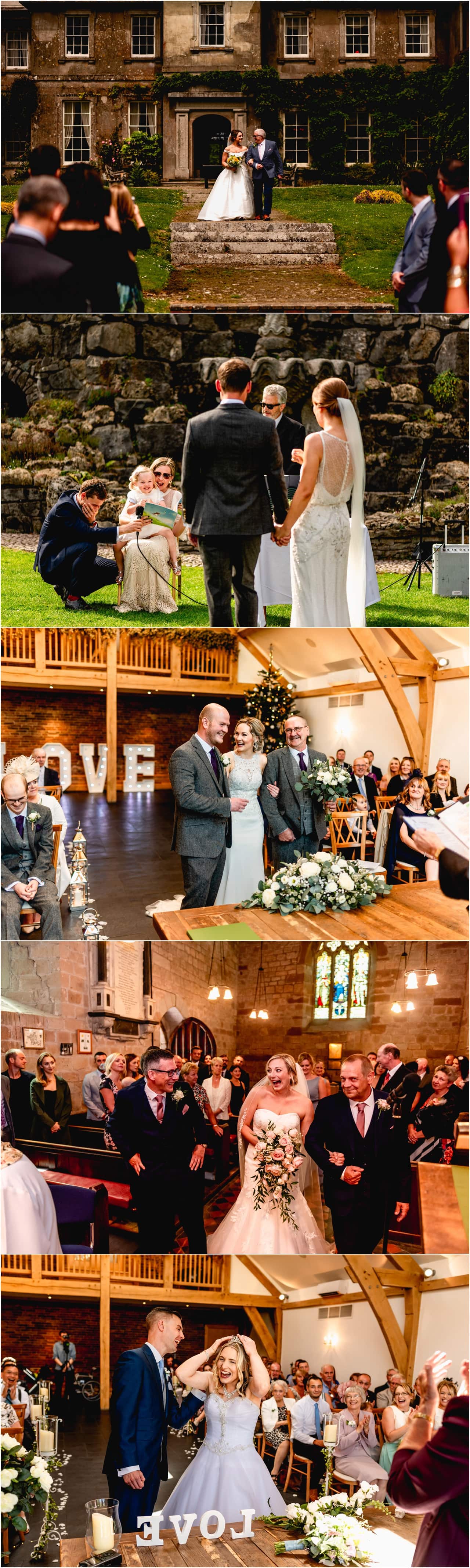 Wedding ceremony with bride walking down the aisle to meet her future husband at Mythe Barn Wedding Venue