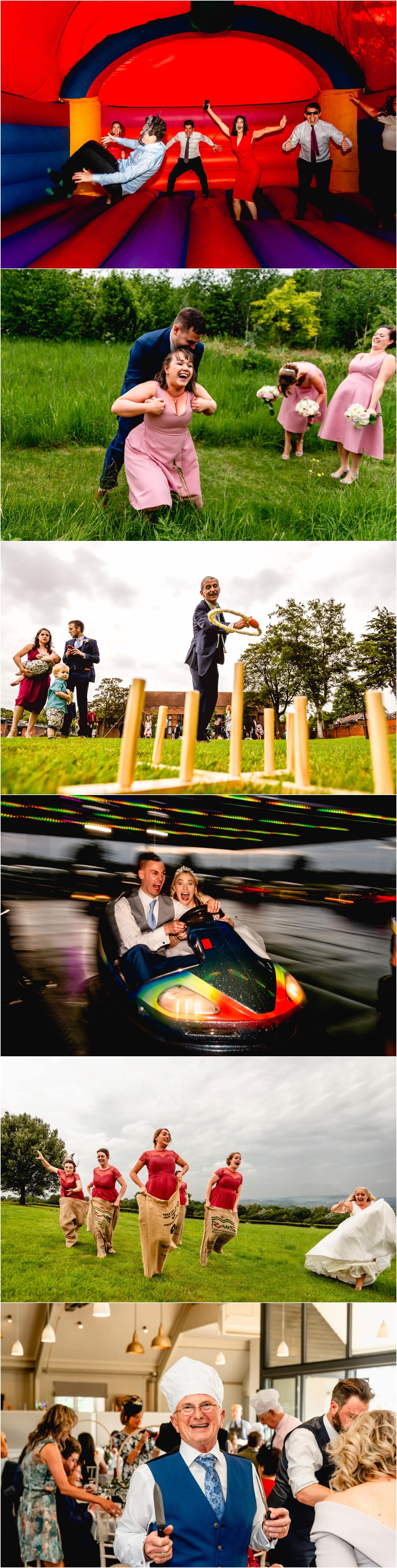 Bride and groom in a dodgem car at a wedding at Mythe Barn Wedding Venue in West Midlands