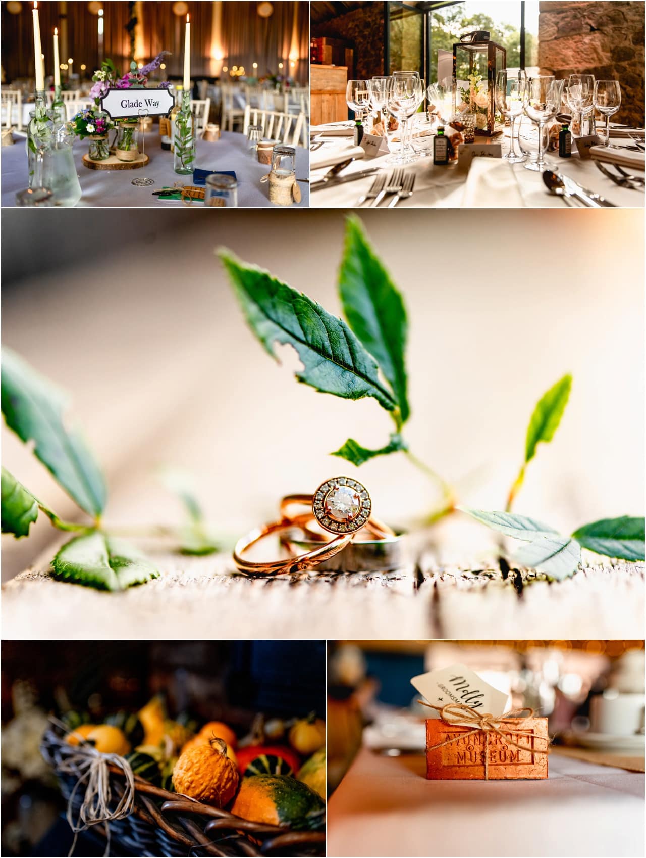 Detail photos of table decorations at a wedding at The Byre at Inchyra in Perth