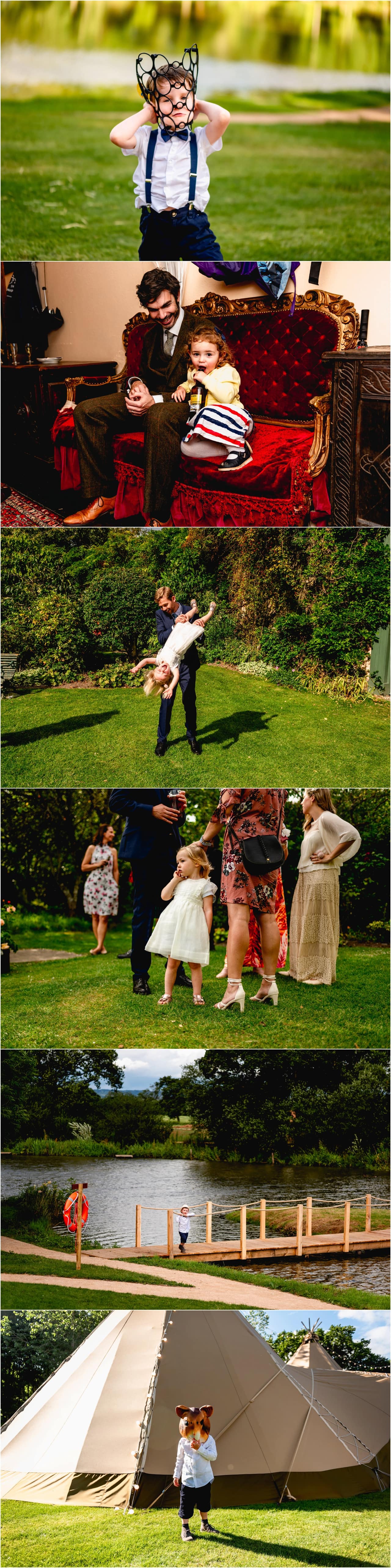 Kids having fun at a wedding being swung upside down