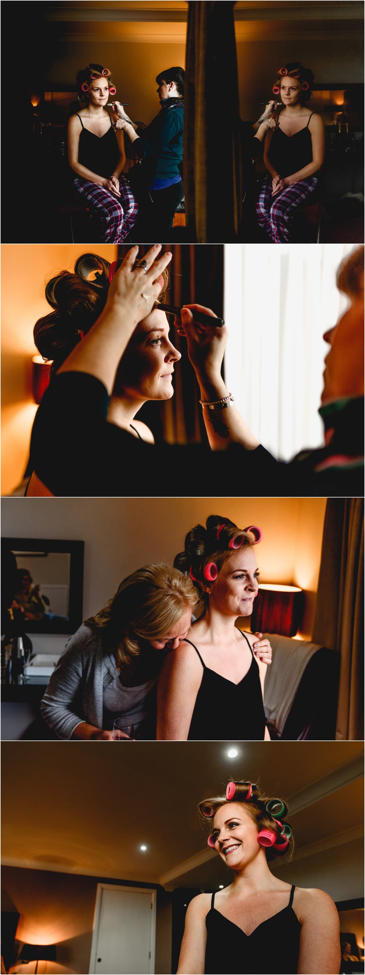 Bridal preparation in a hotel room with bride in rollers having make up applied with bridesmaids watching.