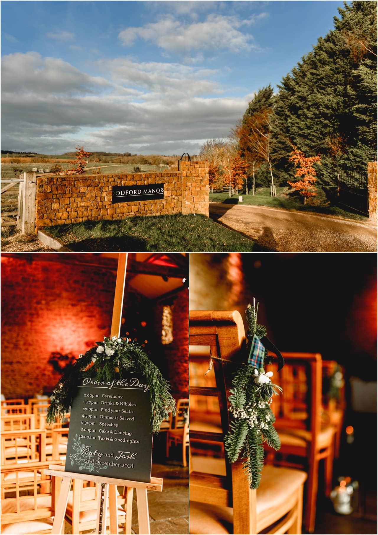 Exterior and interior photos of Dodford Manor before a winter wedding. Holly and tartan details along the aisle and on the Order of the Day sign.