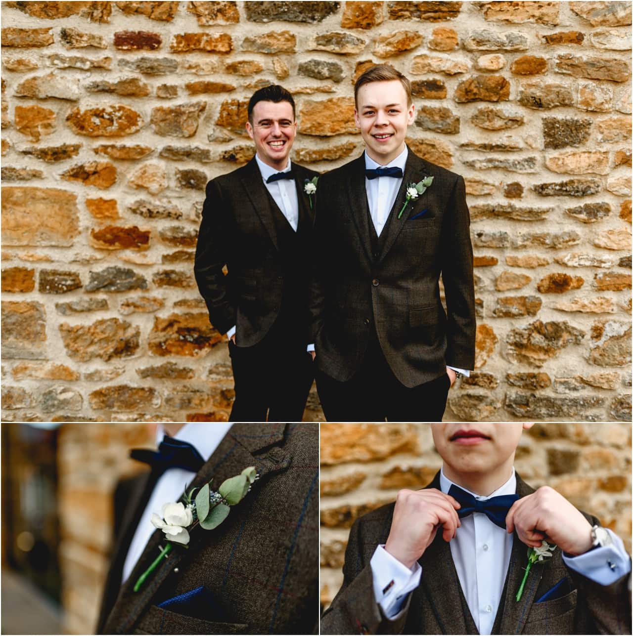 Groom and best man against a stone wall at Dodford Manor in the Cotswolds before his wedding.