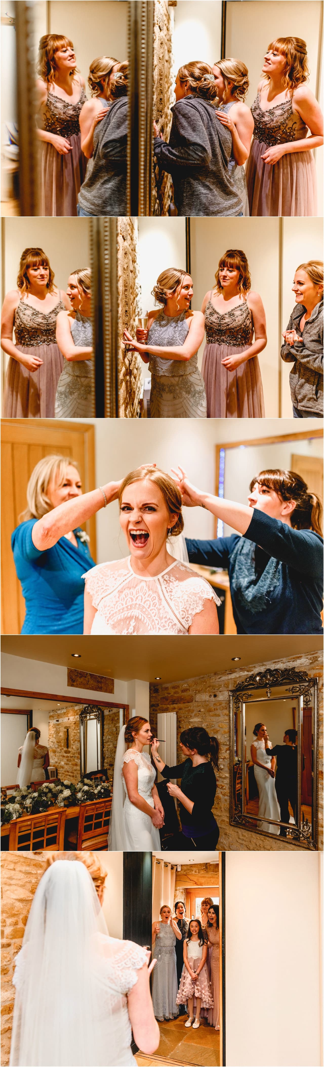 Bride has finishing touches applied before her wedding at Dodford Manor in Northampton.