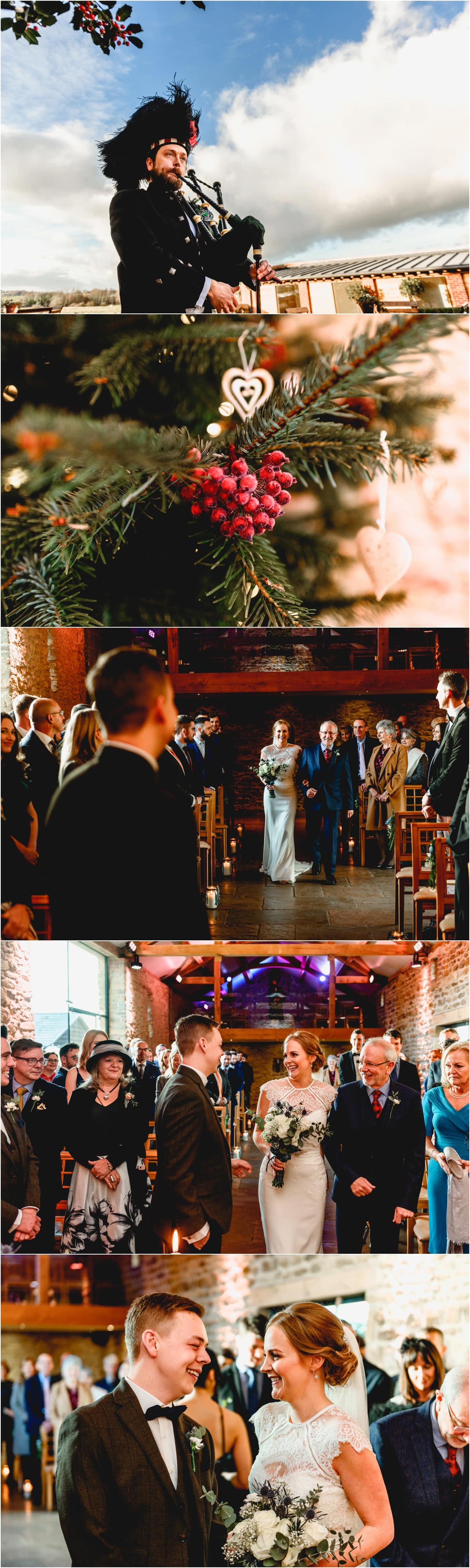 Bride walks down the aisle at her winter wedding at Dodford Manor