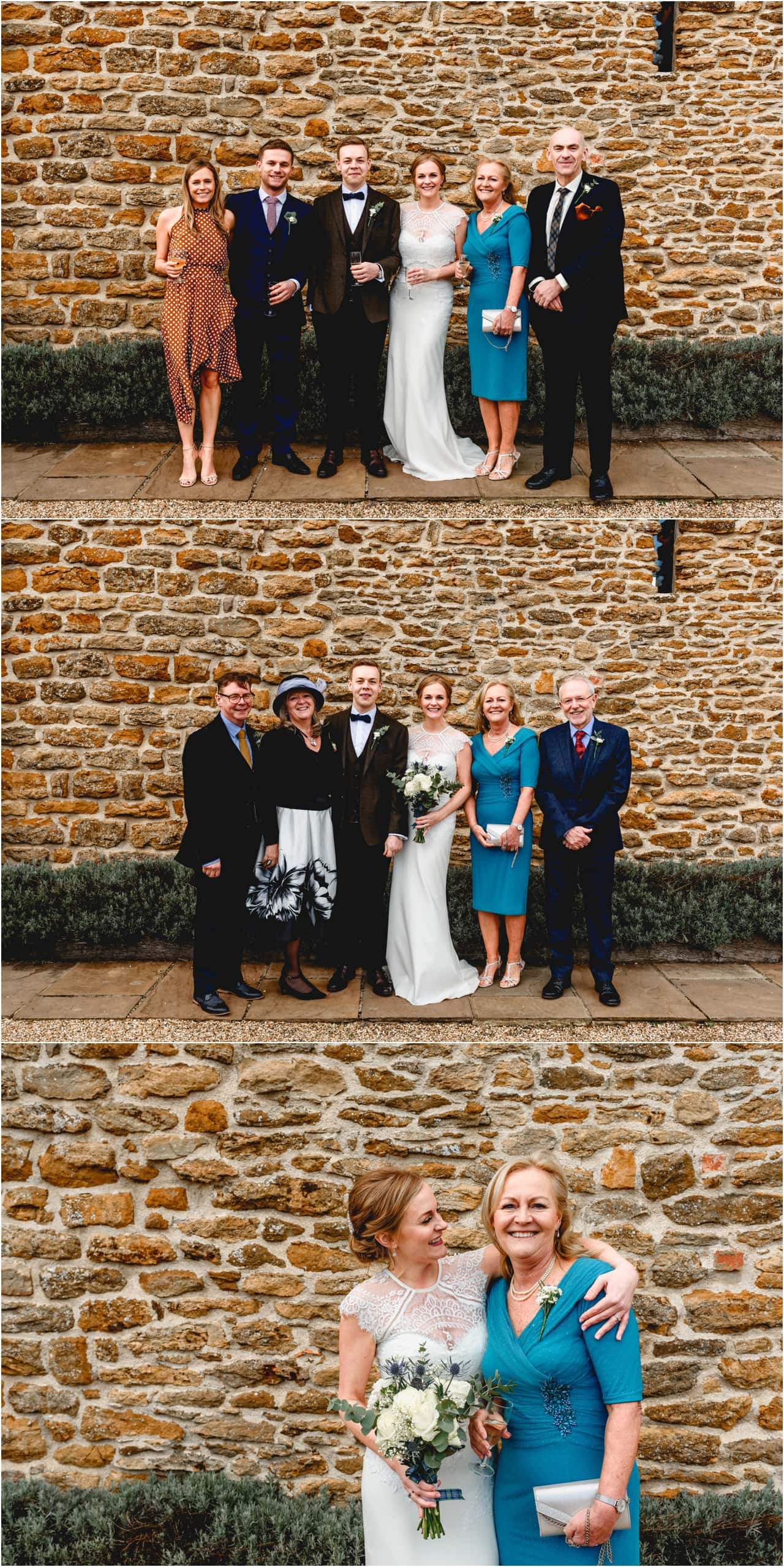 Family group formal photography at Dodford Manor with bride and groom.