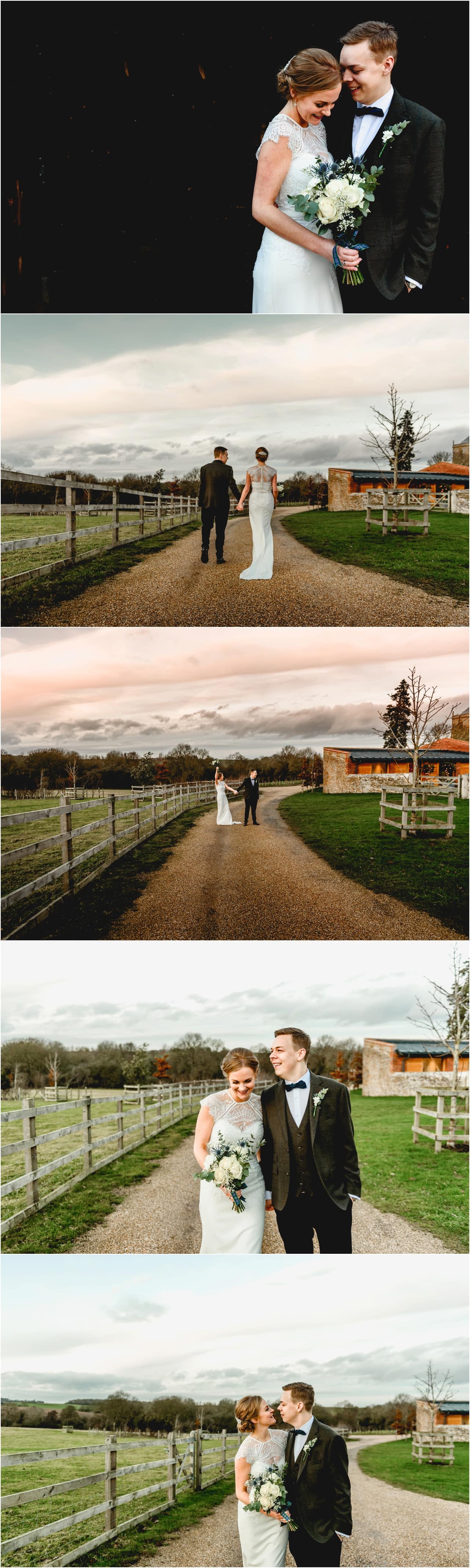 Bride and groom portrait photos in the winter fields in Northampton with Katy and Josh.