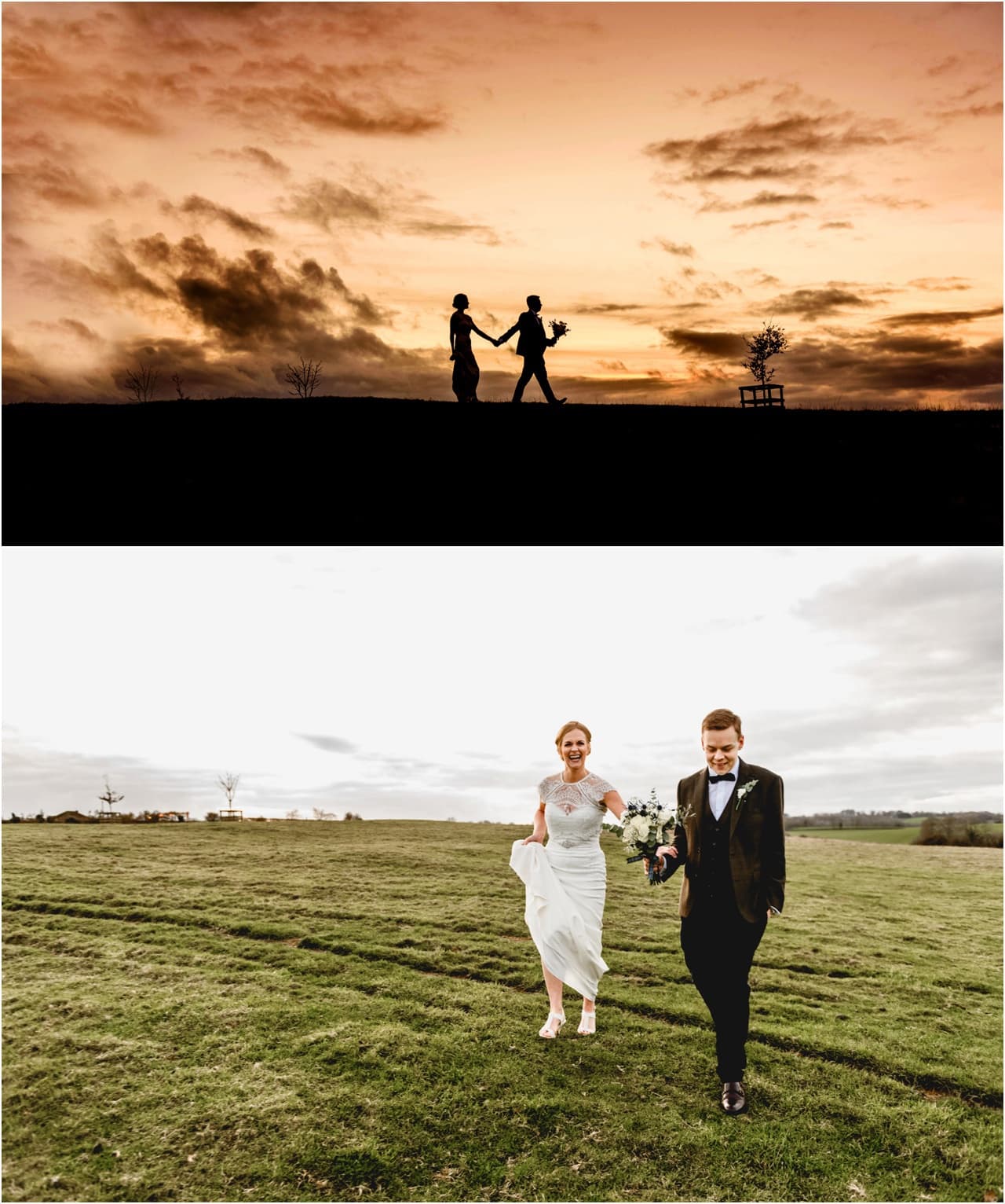 Bride and groom walk along the horizon silhouetted against a backdrop of a beautiful golden sunset