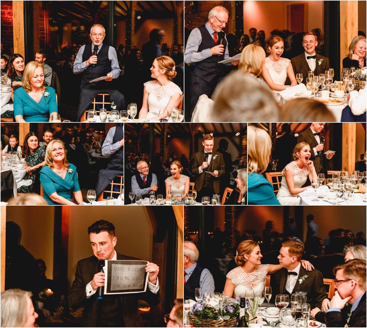 Speeches during a wedding reception by Father of the groom and groom. Bride laughing.