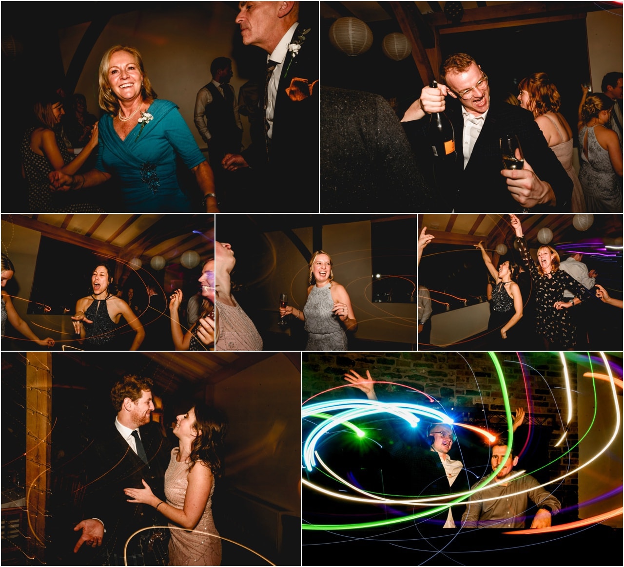 Party photos on the dance floor during a Dodford Manor wedding in December with light trails.