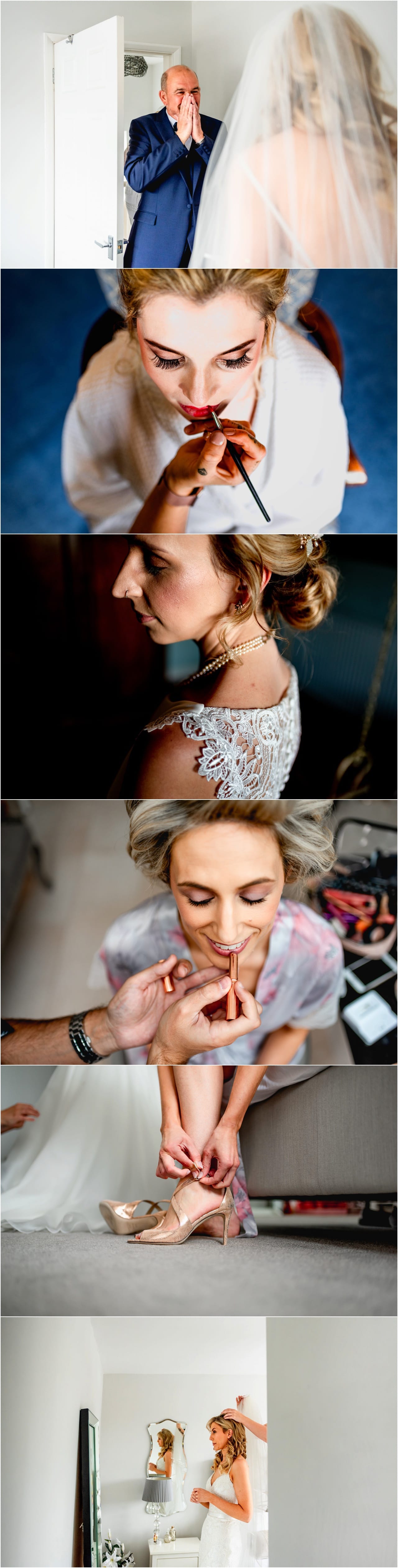 Bride having make up applied before wedding day wearing rollers in her hair