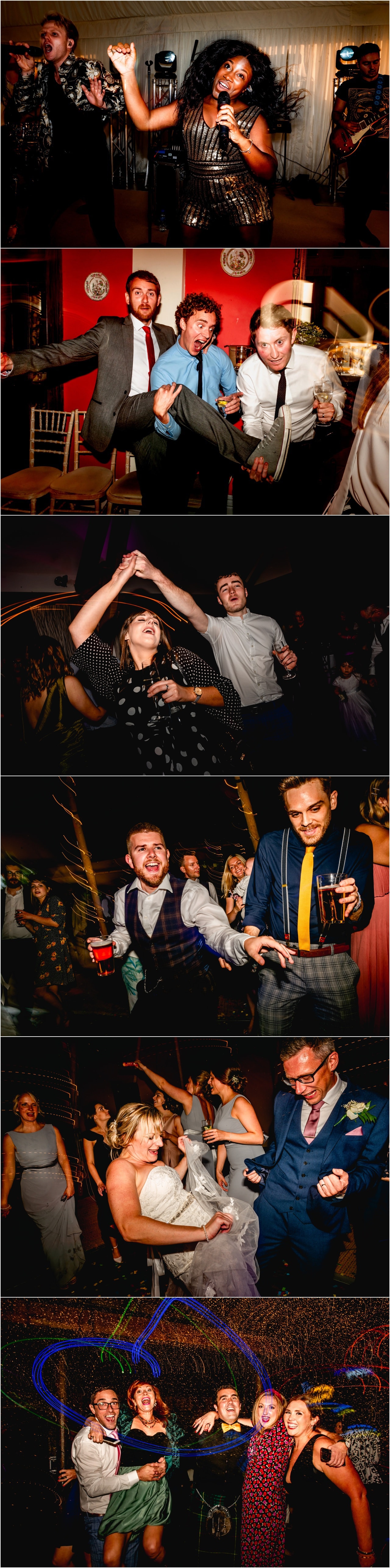 Party photos at a wedding reception with light trails after first dance