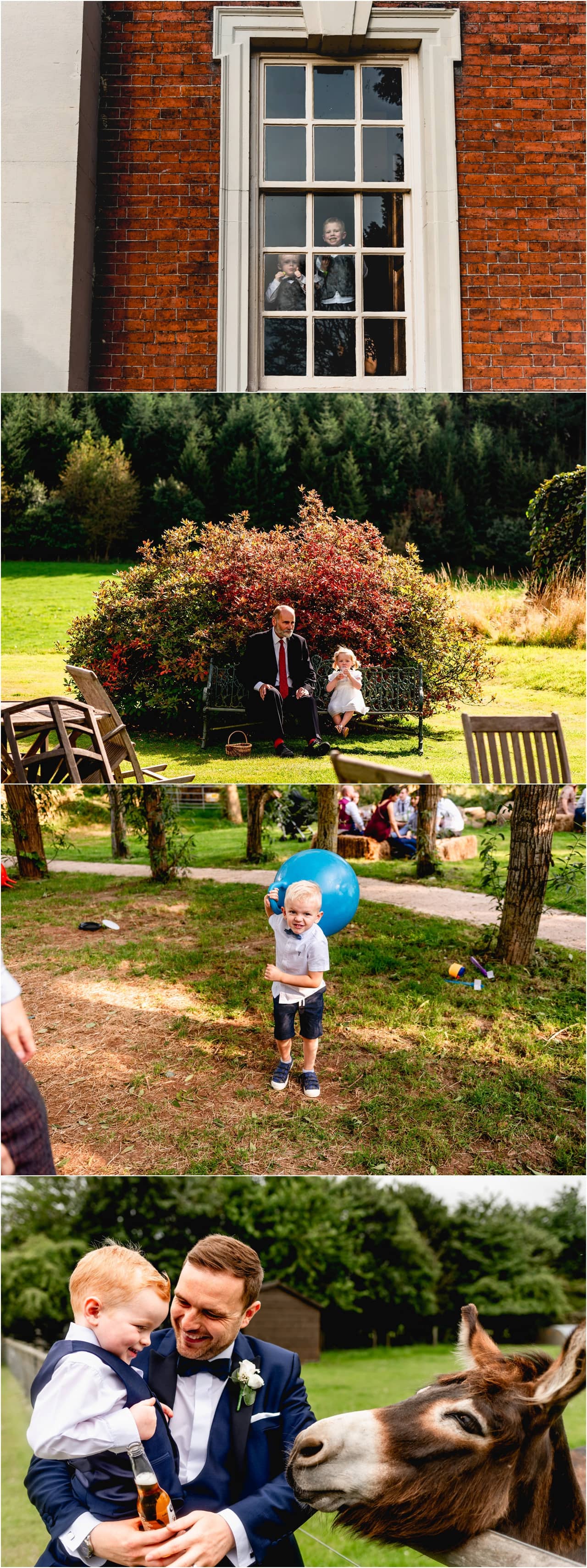 Grandad sitting on a bench with his granddaughter at a wedding at Walcot Hall